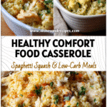 Baked easy chicken and cauliflower rice casserole topped with herbs and shredded chicken for a healthy meal.